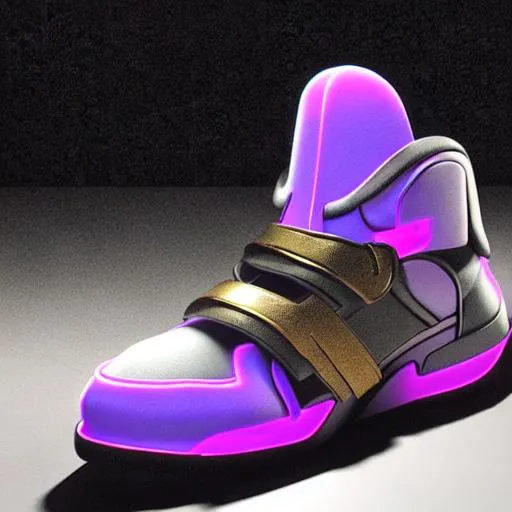 Prompt: realistic 8 k sculpture of 1 futuristic sneaker with neon illuminated rubber soles and soft violet shoelaces on a textured black surface, clean 3 d render, beautiful studio lighting, soft, sharp focus, cyberpunk, intricate detail, gold accents, soft rubber, octane render, trending on artstation, deviantart, art by syd mead