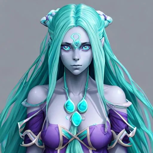 Prompt: Water Genasi with pale bluegreen skin, and long purple hair