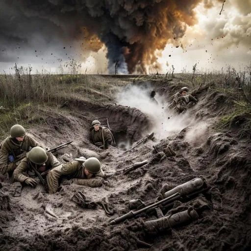 Prompt: A muddy Ukrainian trench with Ukrainian soldiers fighting off a push of Russian troops with explosions in the background and deaths 