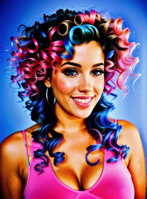 Prompt: Realistic, hyper detailed curly hair, pink and blue background 