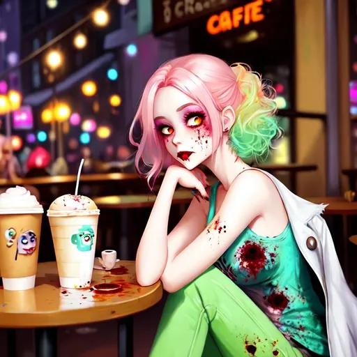 Prompt: Cute Pixar style painting of a beautiful zombie woman, pale, pink hair, light green skin, sitting at a cafe, torn clothes, apocalypse, donut, latte, dirty, trash, blood spatter, muted color pallette