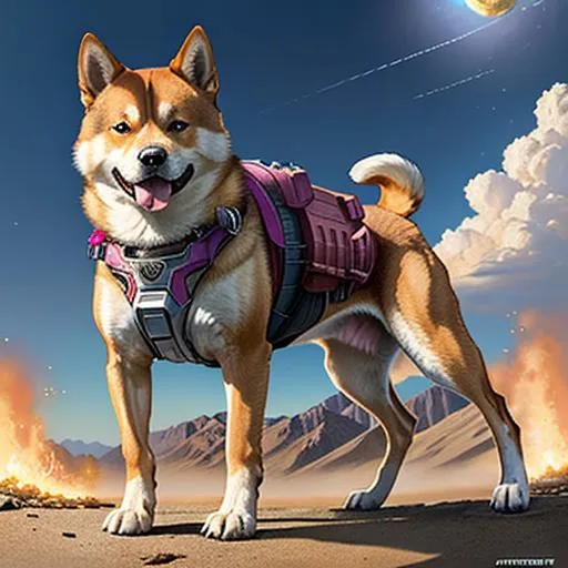 Prompt: Poster art, high-quality high-detail highly-detailed breathtaking hero ((by Aleksi Briclot and Stanley Artgerm Lau)) - ((dog )), full Shiba Inu dog standing up, dog mech suit, mech armour for a dog, dog face, Shiba Inu dog ,  rider has magenta suit, UHD, 64k, full form, dog helmet, detailed carbon fibre, black, baby blue, magenta rider, and ultra white mech suit, 8k mech helmet, detailed glowing chest emblem, detailed mech futuristic full body, highly detailed dog fur, with mech armor, add some blue, leash, urban setting ,carbon fibre helmet, magenta mech armor, blue eyes , detailed skin, detailed mech armour, full body, futuristic mech armor, wearing mech armour suit, 8k,  full form, detailed forest wilderness setting, full form, epic, 8k HD, ice, fire, luminescence , sharp focus, ultra realistic clarity. Hyper realistic, Detailed face, portrait, realistic, close to perfection, more black in the armour, full body, high quality cell shaded illustration, ((full body)), dynamic pose, perfect anatomy, centered, freedom, soul, blonde long hair, approach to perfection, cell shading, 8k , cinematic dramatic atmosphere, watercolor painting, global illumination, detailed and intricate environment, artstation, concept art, fluid and sharp focus, volumetric lighting, cinematic lighting, 
