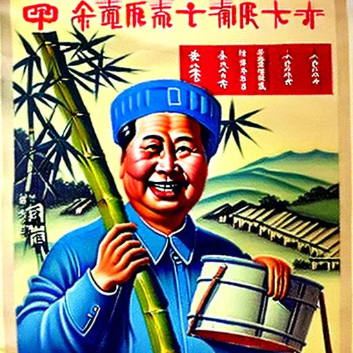 Prompt: 1960s Chinese propaganda poster of a smiling Mao Zedong carrying a horizontal bamboo pole with buckets of water on it on his shoulder, Mao Zedong is surrounded by farmers and workers, Mao is in a village, highly detailed, highly decorated, masterpiece