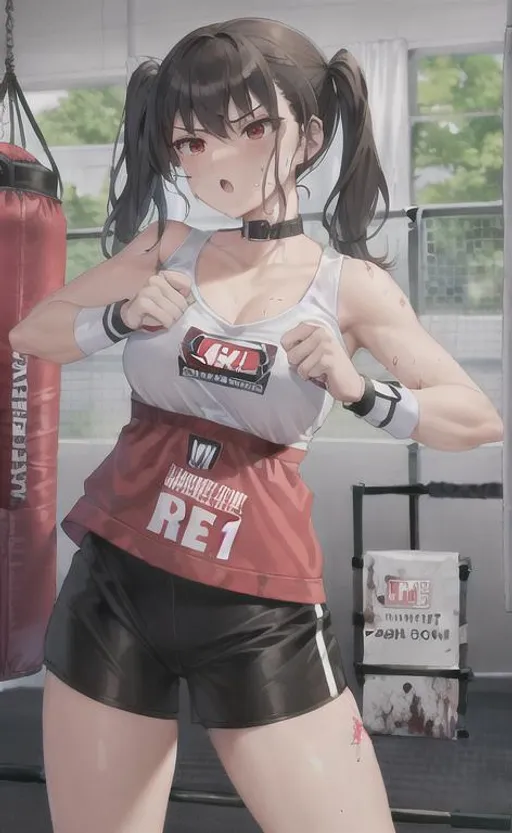 Prompt: Best quality, girl, (punching bag:1.2), master piece, punchingbag, tallgirl, punching bag training, muscle, punching, sandbag, High, 4k, high quality, blood, bloody, gore