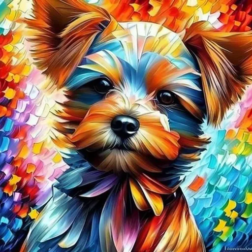 Prompt: beautiful artwork by alena aenami and leonid afremov, pastel colors, impasto acrylic painting, cute Terrier Yorkie dog.