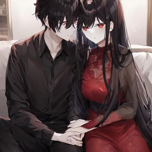 Anime, couple, black dress, handsome, gorgeous