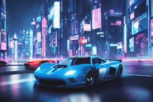 Prompt: Photo of midnight blue race car driving through cyberpunk city, dynamic lighting, beautiful, detailed, hyper realism, artstation, very long shot, futuristic, evening, aurora 