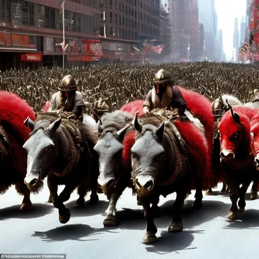 Prompt: Ghengis Kahn & his hoards are riding through downtown New York, slaughtering stunned people who are gawking at them.