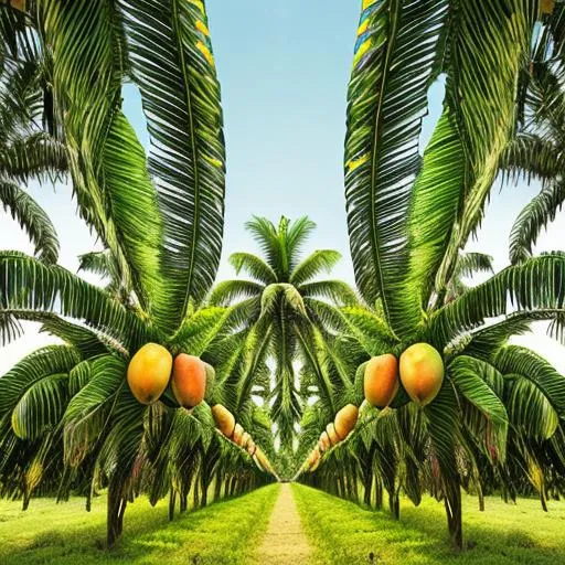 Prompt: mango farm in tropical island, medium aperture, moderate shutter speed, low ISO, outdoor sunny warm light, classic, symmetrical, intricate detail, 64k, vibrant neon colors