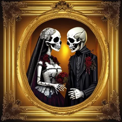 Prompt: a painting Hyperrealistic  of  Skull marriage inside style gothic a golden frame 