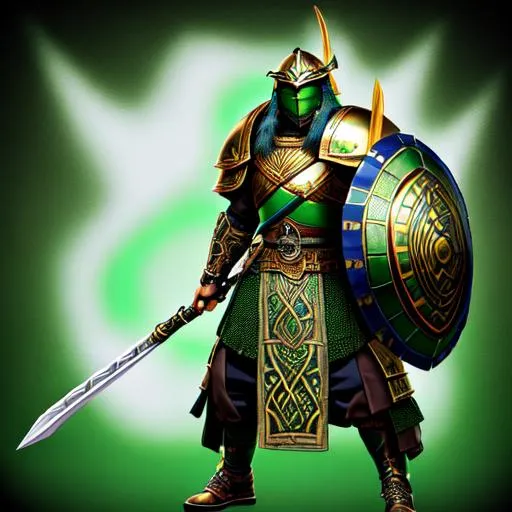 Prompt: A humanoid turtle warrior wearing Green and white ancient viking/persian armor with gold embroidery