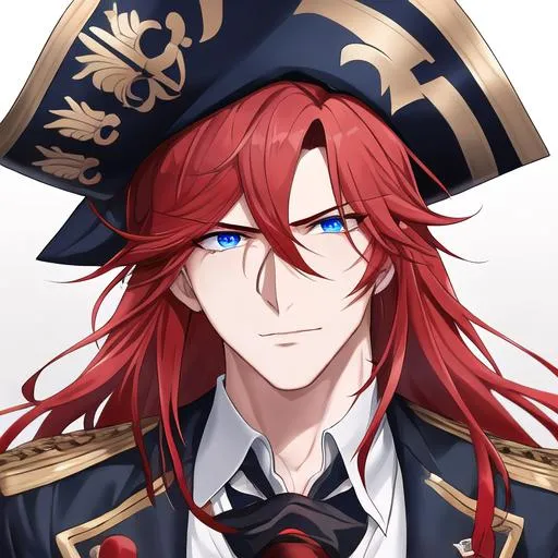Prompt: Zerif 1male (Red side-swept hair falling between the eyes, sharp and stern blue eyes), highly detailed face, 8K, Insane detail, best quality, UHD, handsome, flirty, muscular, Highly detailed, insane detail, high quality. wearing a pirate hat, and a pirate outfit