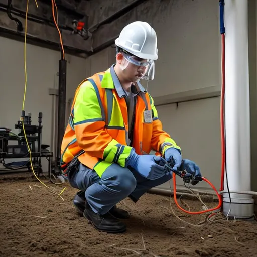 Prompt: Show an image of a technician wearing appropriate safety gear (such as a hard hat and safety vest) conducting an inspection on a ground electrode or a grounding system. They could be using a ground resistance tester or other testing equipment. Ensure that the surroundings are well-lit, highlighting the professional nature of the maintenance task.
