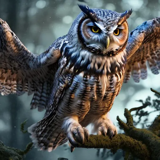 Prompt: highly detailed owl flying into night, fullbody view, highly detailed eyes, high resolution scan, 64k, UHD, HDR, hyper realistic, Canon EOS R5, Canon EF 300mm f/4.5 ii, wildlife context, studio lights, crystal clear photograph, absolutely real, color enhance.