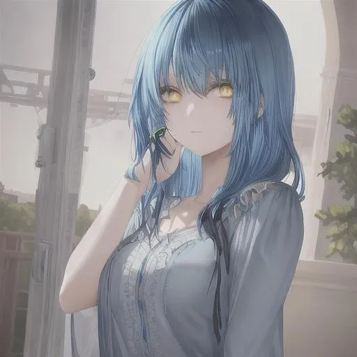 feminine cute anime girl, heterochromia, sky blue ha