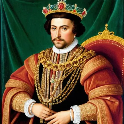 Prompt: portrait of a 16th-century Spanish Brown-haired emperor in mexican royal clothes and a crown