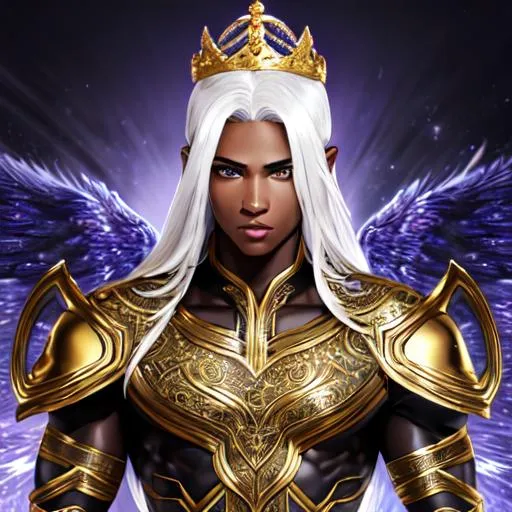 Prompt: Androgynous male, muscular jawline, angelic face, beautiful black man, immense detail, full body image, Golden armor, UHD, 64K, high resolution, intense deep Black skin, black face, African American features, long pale intense White hair, flowing long blond hair, Valeryon, purple eyes, water background, amazing crown on head, deep blue sky, clouds in sky, detailed images, clear sharp resolution 