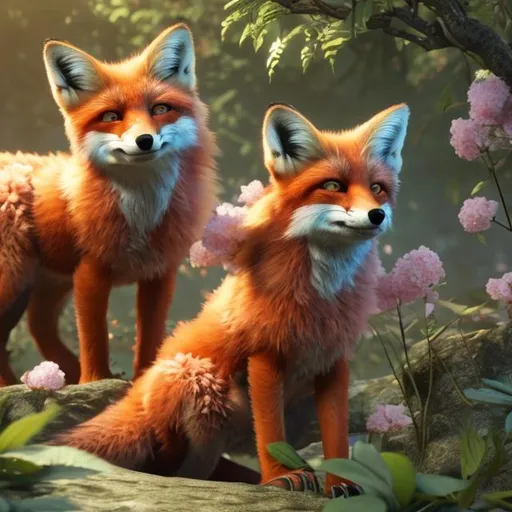 Prompt: UHD, environment, Trees, Leaves, flowers, Highly detailed, HD colour, Fenec Foxes 