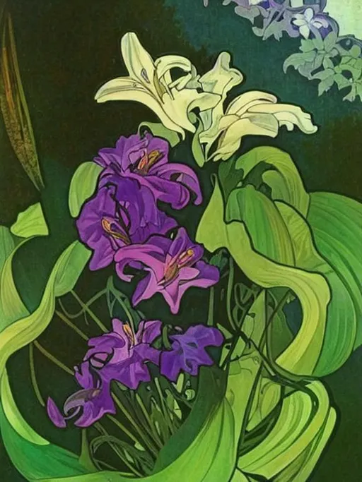 Prompt: Decorative poster, of a vase of lilies, in the style of Alphonse Mucha