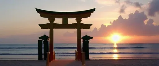 Prompt: Torii made out of pure gold on tropical beach, DVD Screengrab from 2009 live action film