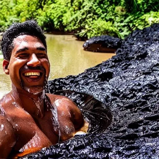 Prompt: A picture of a happy man having a bath in molten lava