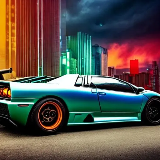 Prompt:  intricate colors with a  Lamborghini Diablo while its a stormy day, motion clear, soldier firings gun in car, dark city, cyberpunk vibes, 