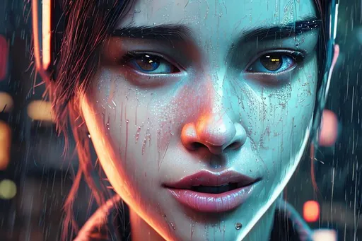 Prompt: pixar style vs Cyberpunk style rain, detailed face, blushing cheeks, long black hair, attractive lips, Lipgloss skin, 8k, full body view, clearly visible face, zoomed out view, front view, hyper realism, Highly detailed, vivid view, characters full in view, black t-shirt, in shady forest, proportional body, skinny legs, light ((water reflection, cinematic light, high detail, dramatic light, intricate detail, high quality), (water drop, different reflection, sharp light, reflection hard)), water particle effect (many water particles, rainbow particles, scatter particles), --V4
