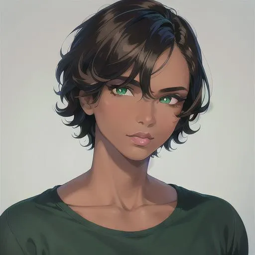 Prompt: (masterpiece, illustration, best quality:1.2), 1 man, brown skin, messy short black hair, green sharp eyes, wearing casual medevil clothing, best quality face, best quality, best quality skin, best quality eyes, best quality lips, ultra-detailed eyes, ultra-detailed hair, ultra-detailed, illustration, colorful, soft glow, 