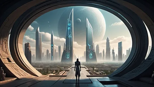 Prompt: small circular portal in the distance, magical portal between cities realms worlds kingdoms, ring standing on edge, upright ring, freestanding ring, hieroglyphs on ring, complete ring, obelisks, hotels, office buildings futuristic towers, large wide-open city plaza, panoramic view, futuristic cyberpunk dystopian setting