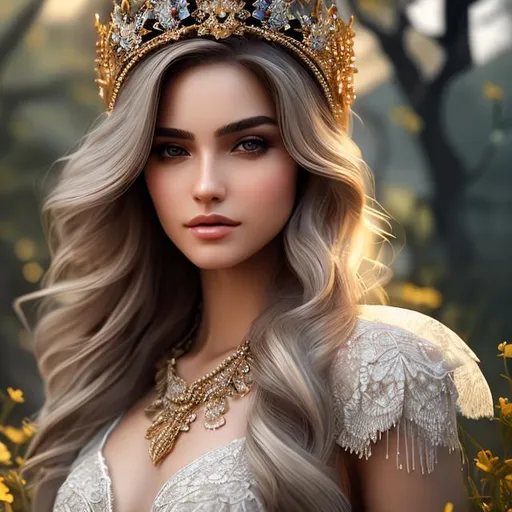 Prompt: create beautiful fictional female with crown in summer, extremely, detailed environment, detailed background, intricate, detailed skin, natural colors , professionally color graded, photorealism, 8k, moody lighting


