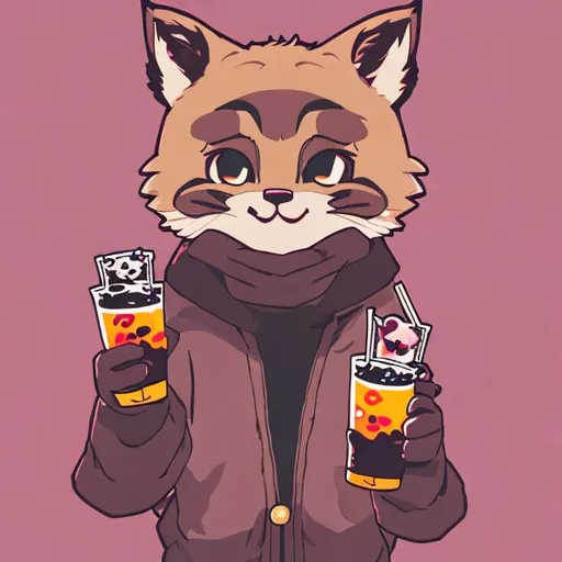 Prompt: anime bobcat drinking boba tea