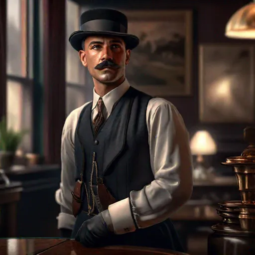 Prompt: An ultra realistic portrait of a 30ish tough looking butler in the 1920s, long shot super detailed lifelike illustration, action-adventure outfit, shotgun

soft focus, clean art, professional, old style photo, CGI winning award, UHD, HDR, 8K, RPG, UHD render, HDR render, 3D render cinema 4D