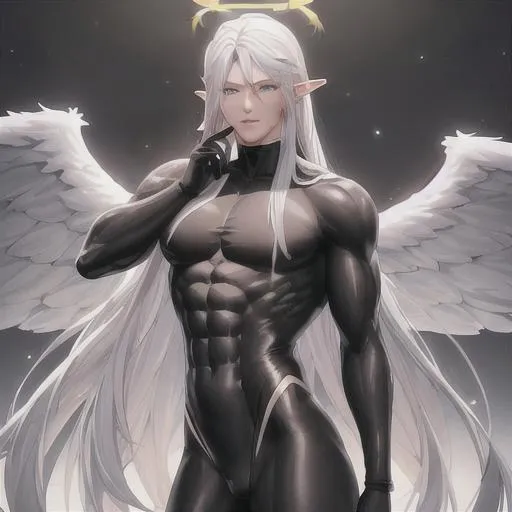 Prompt: High detailed,hyper realistic, male,elf ,ripped , hot-body, black bodysuit, shredded,
Stand straight, watch camera, halo, tall, thin, detailed face,
Angel 6 wings,Black hole on background,accreacion disk, full body , pretty face, ideal symmetry , detailed eyes 
