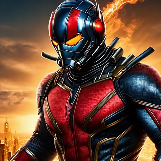 Prompt: High resolution hyperrealistic dynamic image of scott-lang-ant-man merged with darren-cross-yellowjacket, symmetrical detailed photorealistic face, highly detailed, cinematic, uhd, hdr, 64k