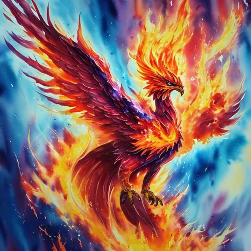 Prompt: Wet watercolor painting of epic Phoenix bursting out of flame, ethereal, majestic, 
