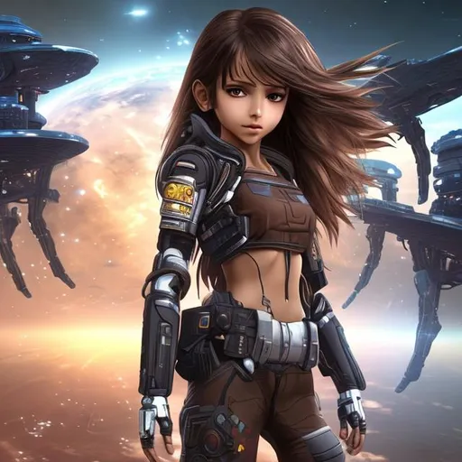 Prompt: 4k high resolution cgi anime sci-fi style, full body picture, petite indian female, 16 years old, brown hair with blonde streaks