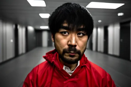 Prompt: fear,knife,knife,red blood,a common japanes man becomes serial killer looks like blooded with knife and blooded clothes cruel serious face,dark and red background,blood red drop,high quality,photorealistic,fear room
