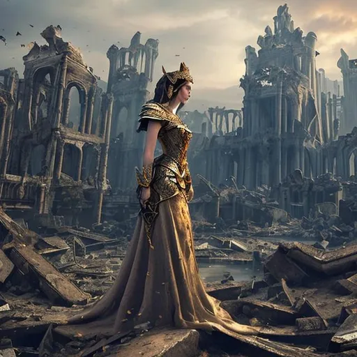 Prompt: A queen in falling ruins of her kingdom 