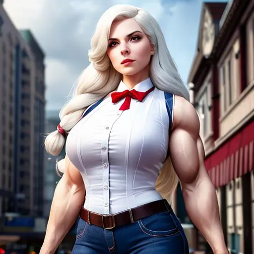 Prompt: {{long white hair}}
{{Elizabeth from Bioshock Infinite}}
{{woman, enormous muscles, giant muscles, muscular woman, hulking, flexing, biceps, torso}}
perfect face, perfect body, photorealistic, hyperrealistic, photograph, 22mm lens, 4k, hard lighting