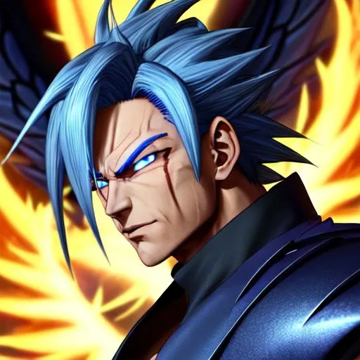 Prompt: Lucifer, face Realistic Human, forehead M, majin Vegito, Aasimar, big wing, 8k, full Hd, monk aesthetic, radiance, wings, Cyberpunk, uhd, 14k, dragon ball z, blue hair, yellow hair, fusion
