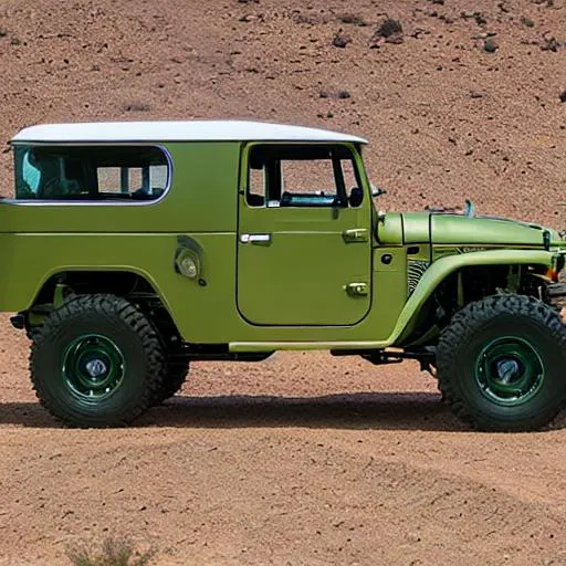 Prompt: Tyota fj43 green, realistic, cinematic, limousine, in the desert, heat waves coming from the ground