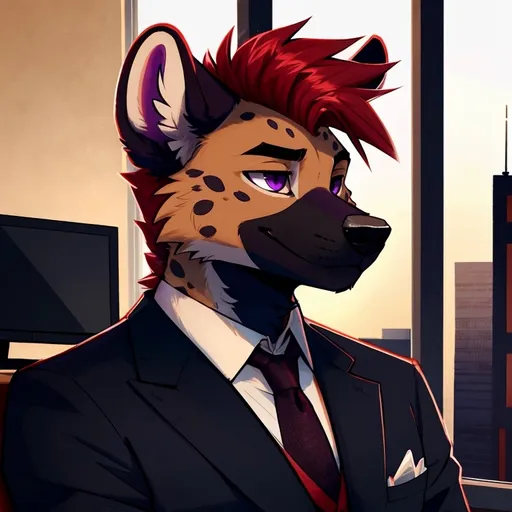 Prompt: score_9, score_8_up, score_8, solo, anthro, male, (by_keavemind), hyena, portrait, office location, formal suit, purple eyes, black and red hairstyle