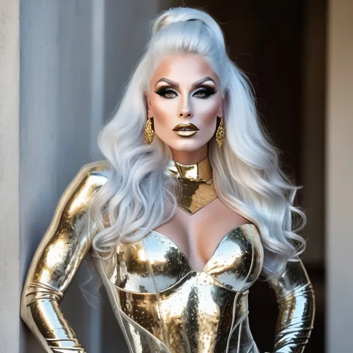 Prompt: Full body portrait of a caucasian gorgeous ethereal ultra-muscular Czechian 25-year-old drag queen bodybuilder,  The color scheme of the image is dominated by gold and silver hues. Her ridiculously long, silvery hair is elegantly gathered in a sleek bun, adorned with golden roses for added sophistication. The ethereal and fairy-like makeup enhances her divine beauty, with intricate golden accents around her eyes, shimmering highlights on her cheeks, and a radiant, golden lip color.

The goddess wears a short metallic gown that catches the light and reflects golden highlights as she moves. The view from a distance accentuates the goddess's perfect form 