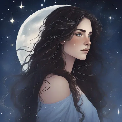 Prompt: A beautiful, magical and powerful caucasian Canadian/Irish/French with light freckles woman (a greek goddess of the night sky) with magical flowing brunette hair in the style of constellations and the night sky flowing and fading into stars, starting confidently profile picture