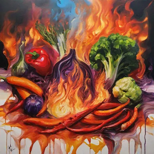 Prompt: melted painting with vegetables, blurry surroundings, surrealistic, vibrant colors, fire in the background