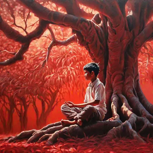 Prompt: intricate details, A boy meditating, under banyan tree, oil Painting, red hue