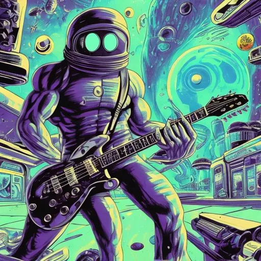 Prompt: Bodybuilding space amoeba, playing guitar for tips in a busy alien mall, widescreen, infinity vanishing point, galaxy background