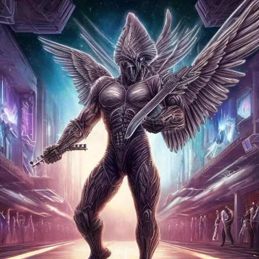 Prompt: Bodybuilding Assyrian Winged invisible warrior playing guitar for tips in a busy alien mall, widescreen, infinity vanishing point, galaxy background