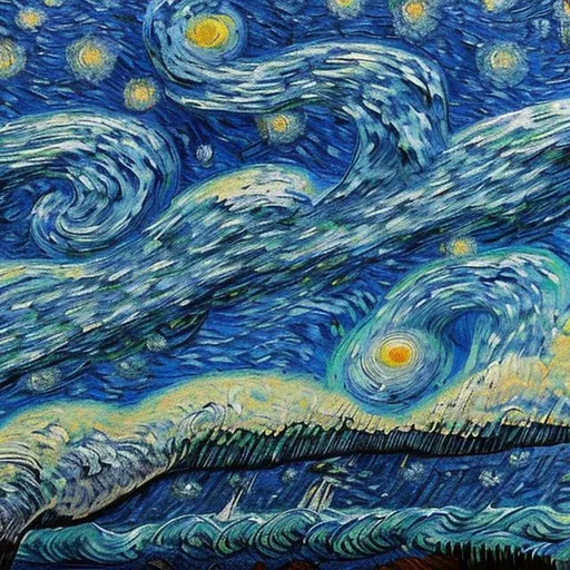 Prompt: humpback whales swimming through van gogh's starry night sky