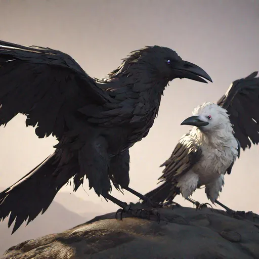 Prompt: twin ravens black and albino, concept art, epic lighting, finely-tuned, octane rendering